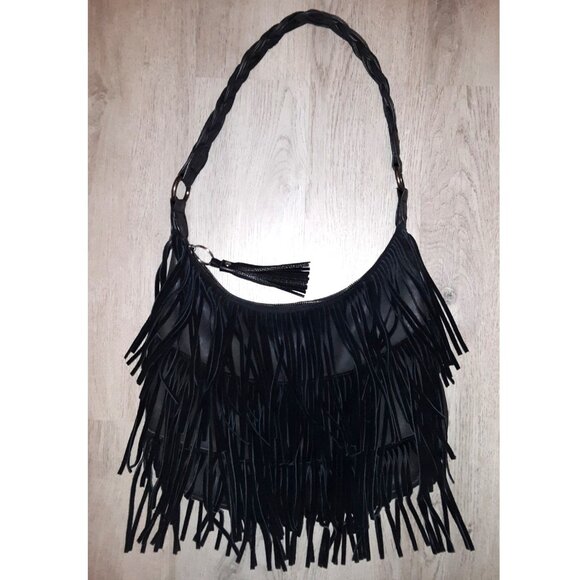 Wrangler Black Fringe Purse Shoulder Bag Faux Leather or Suede ? Western Cowgirl - Picture 1 of 11
